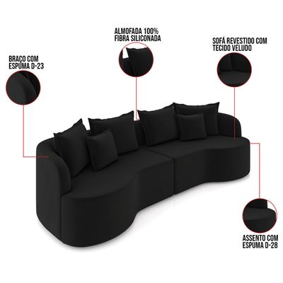 Sofá 4 Lugares Orgânico Living 250cm Mersa Veludo Preto K01 - D'Rossi