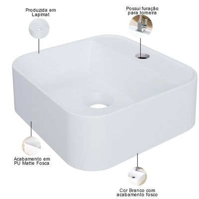 Cuba de Apoio Quadrada Para Banheiro Lavabo C01 QA31W Branco Matte Fosca - Lyam