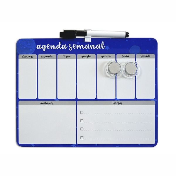 Quadro Le Magnético Branco Agenda Semanal Borda Azul com 2 Ímãs e Marcador 21,5x28cm Quadro Le Magnético Branco Agenda Semanal Borda Azul com 2 Ímãs e Marcador 21,5x28cm