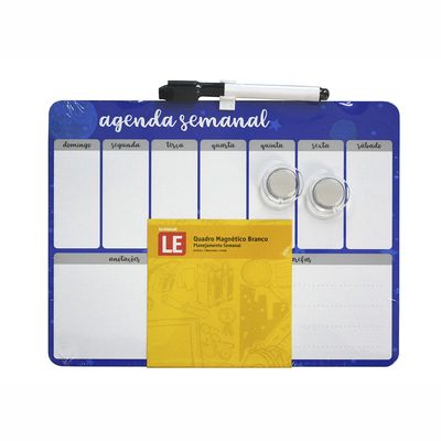 Quadro Le Magnético Branco Agenda Semanal Borda Azul com 2 Ímãs e Marcador 21,5x28cm