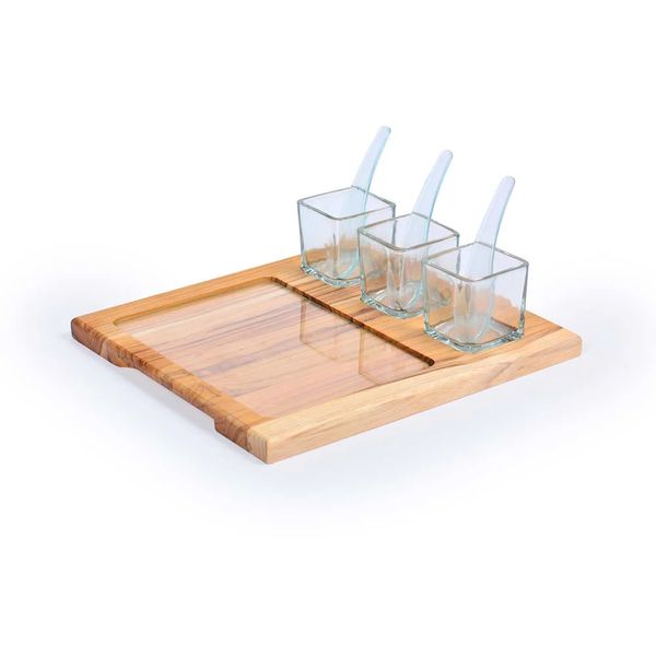 Conjunto de Petisqueira em Madeira e Vidro Decorglass Teka com 8 Peças Quadrado Marrom