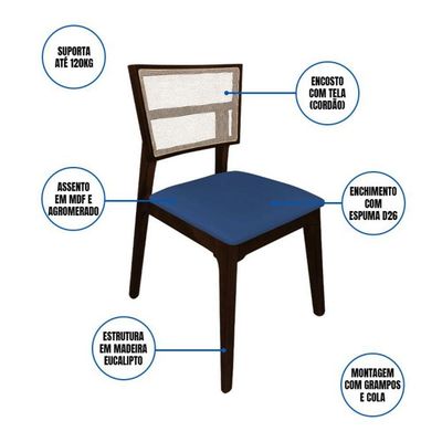 Kit 6 Cadeiras De Jantar Tela Premium Madeira Maciça Manuela Azul Veludo Castanho