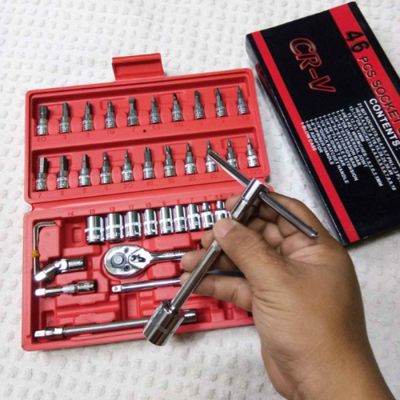 Conjunto de Ferramentas Socket 1/4 – 46 Peças com Soquetes, Chaves e Acessórios em Aço Cromo