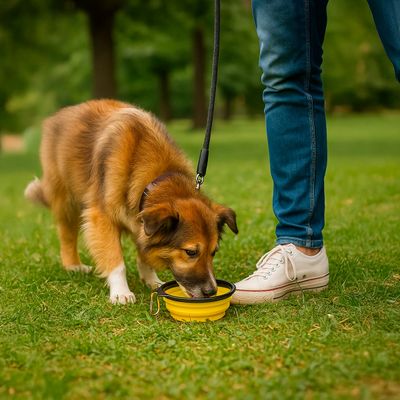 Comedouro Bebedouro Dobrável com Gancho Portátil Pet - Praticidade e Conforto em Todas as Aventuras | Cor:Amarelo