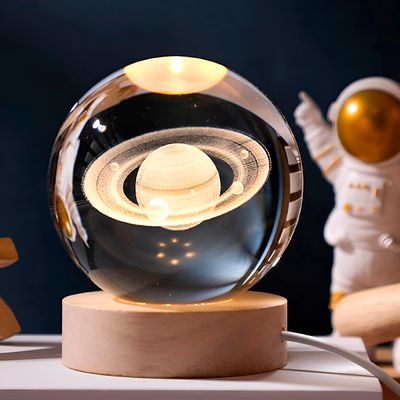 Luminária LED de Cristal com Base de Madeira | Luz Suave para Decoração Base Madeira Cristal