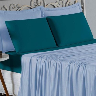 Jogo De Cama Queen Nobre 4 Peças Lençol Com Elástico De 30cm De Altura Malha 100% Algodão - Azul-bebê / Petróleo