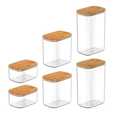 Conjunto De Potes Herméticos Retangular Keep 6 Peças Transparente Com Tampa De Bambu Ou