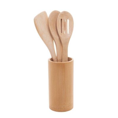 Conjunto 3 Utensílios + Suporte Em Bambu Lyor