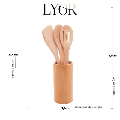 Conjunto 3 Utensílios + Suporte Em Bambu Lyor