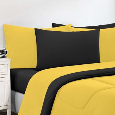 Kit Edredom + Jogo De Lençol Malha 100% Algodão Gran Moratta 7 Peças Queen - Amarelo/Preto