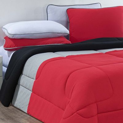 Kit Edredom Malha 100% Algodão Urbano 2 Peças Solteiro - Vermelho/Mescla/Preto