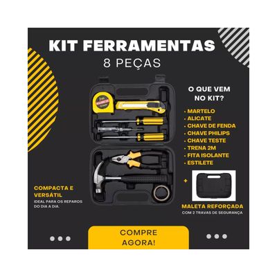 Kit De Ferramentas Jogo Chaves Martelo 8 Peças Com Maleta