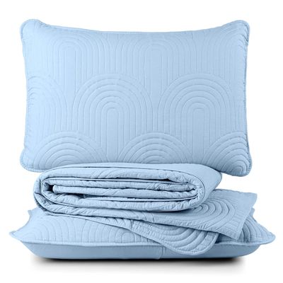 Kit Cobre Leito Colcha Arcos Queen Dupla Face Matelado 200 Fios 3 Peças Azul Claro