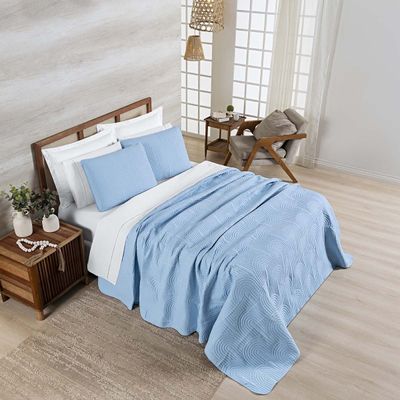 Kit Cobre Leito Colcha Arcos Queen Dupla Face Matelado 200 Fios 3 Peças Azul Claro