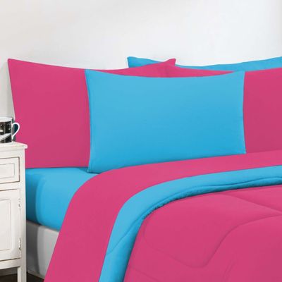 Kit Edredom + Jogo De Lençol Malha 100% Algodão Gran Moratta 6 Peças King - Pink /Azul Turquesa