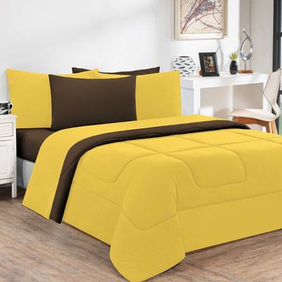 Kit Edredom + Jogo De Lençol Malha 100% Algodão Gran Moratta 7 Peças Casal - Amarelo/Marrom