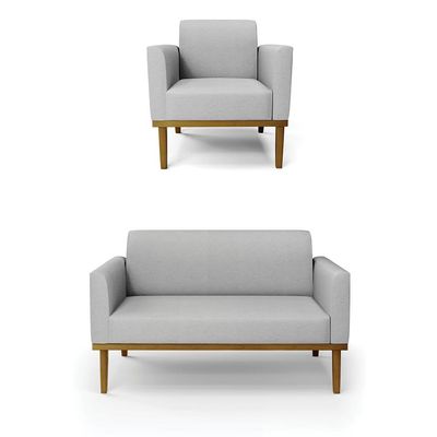 Conjunto Poltrona e Namoradeira Decorativa Isabella Pés Fixo em Madeira Castanho Linho Cinza G19 - Gran Belo