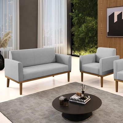 Conjunto Poltrona e Namoradeira Decorativa Isabella Pés Fixo em Madeira Castanho Linho Cinza G19 - Gran Belo