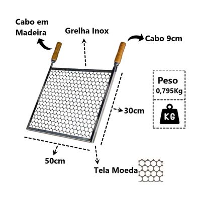 Grelha Retangular Inox Tela Moeda Para Churrasqueira 50x30cm
