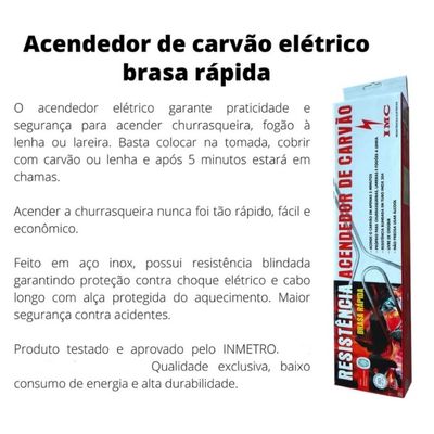 Acendedor elétrico rápido p/carvão de churrasqueira e lareira 650w 220v