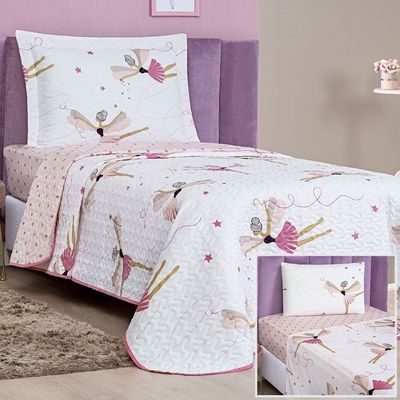 Kit Colcha + Jogo de Cama Bouti Kids Solteiro Infantil 5 Peças 100% Poliéster - Bailarina
