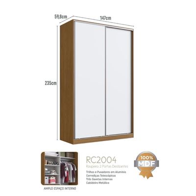Guarda Roupa Solteiro 2 Portas 3 Gavetas Freijó Natural Branco 147x59,8x235cm RC2004 Emovell