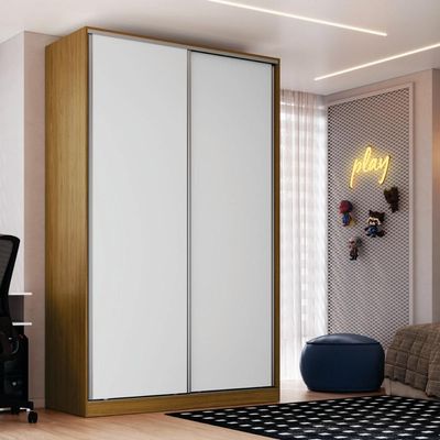 Guarda Roupa Solteiro 2 Portas 3 Gavetas Freijó Natural Branco 147x59,8x235cm RC2004 Emovell