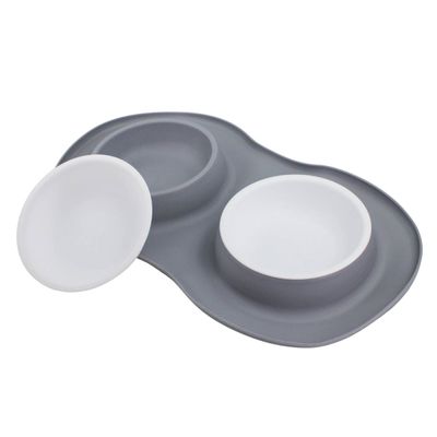 Comedor Pote Para Ração Agua Tigela Duplo Cachorro Gato Silicone Cor:Cinza