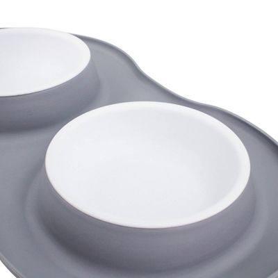 Comedor Pote Para Ração Agua Tigela Duplo Cachorro Gato Silicone Cor:Cinza