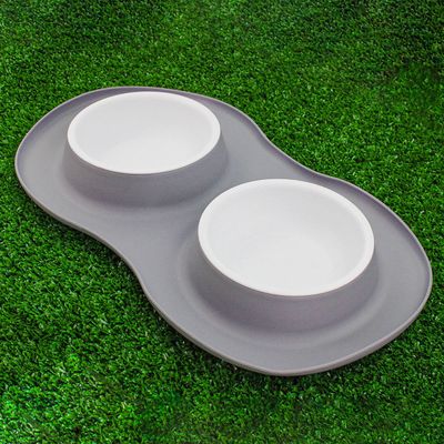 Comedor Pote Para Ração Agua Tigela Duplo Cachorro Gato Silicone Cor:Cinza