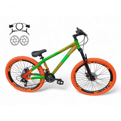 Bicicleta Aro 26 Vikingx Tuff Freio Hidráulico 21v Freeride Rodas Vmaxx Suspensão Pneu Flame Verde-Laranja X35