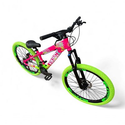 Bicicleta Aro 26 Vikingx Tuff Câmbios Shimano Freio Hidráulico 21v Freeride Aro Vmaxx Flame rosa-Verde X25
