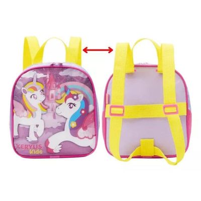 Mochila Rodinhas Unicórnio Arco íris Lancheira Estojo Rosa Infantil Xeryus
