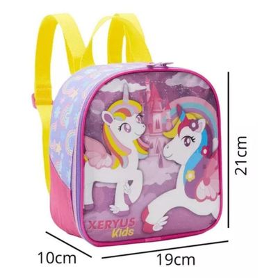 Mochila Rodinhas Unicórnio Arco íris Lancheira Estojo Rosa Infantil Xeryus