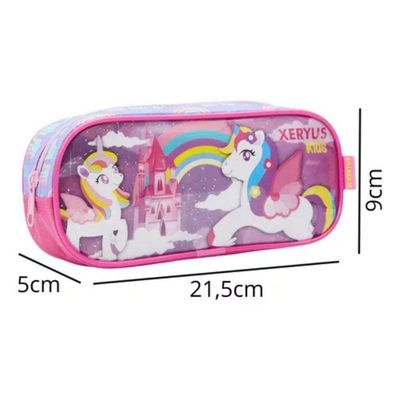 Mochila Rodinhas Unicórnio Arco íris Lancheira Estojo Rosa Infantil Xeryus