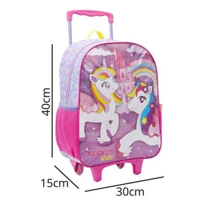 Mochila Rodinhas Unicórnio Arco íris Lancheira Estojo Rosa Infantil Xeryus