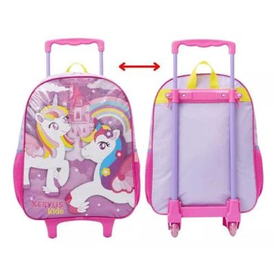Mochila Rodinhas Unicórnio Arco íris Lancheira Estojo Rosa Infantil Xeryus