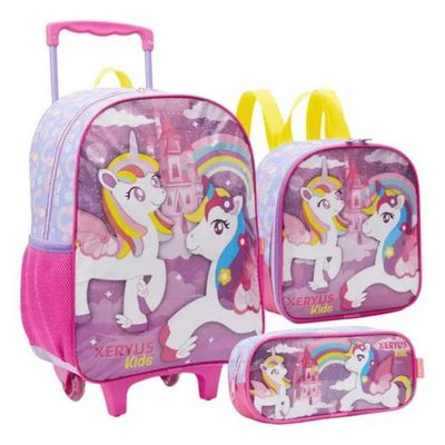 Mochila Rodinhas Unicórnio Arco íris Lancheira Estojo Rosa Infantil Xeryus