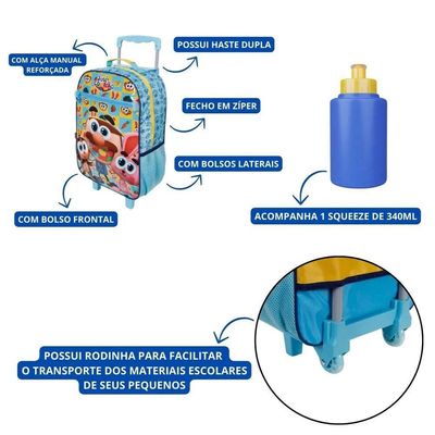 Mochila Rodinha Squeeze Infantil Escolar José Comilão Azul Dmw