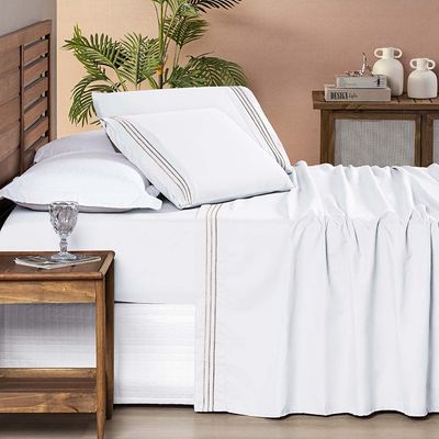 Jogo de Lençol Aria Casal 4 Peças MicroPercal 200 Fios Suave Detalhe Bordado - Branco Neve Taupe