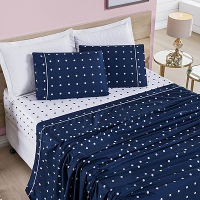 Jogo de Cama Lençol Celine Solteiro 03 Peças Micropercal 200 Fios Bolinhas - Azul Marinho