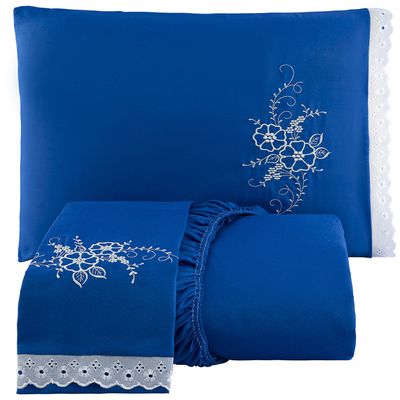 Jogo de Cama Lençol Casal Bordado Advance 3 Peças - Azul