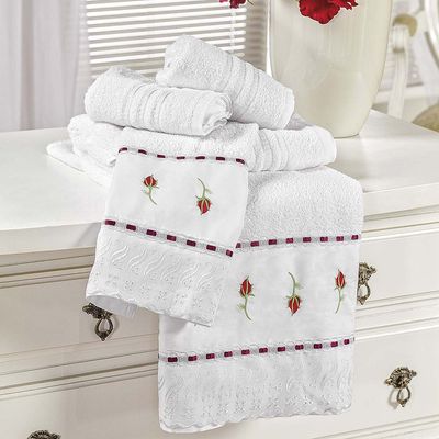 Jogo de Banho Toalhas Yasmin 5 Peças 100% Algodão 320g/m² Suave Floral - Branco