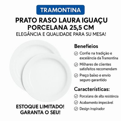 Jogo 24 Pratos Raso Jantar Laura Iguaçu Porcelana 25,5 cm Tramontina