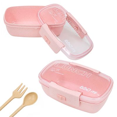 Marmita Pote 650ml Com Tampa Garfo Colher Rosa