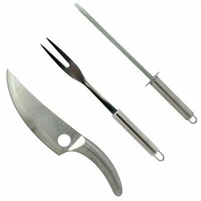 Kit Churrasco 3 Peças Faca Garfo Chaira Aço Inox