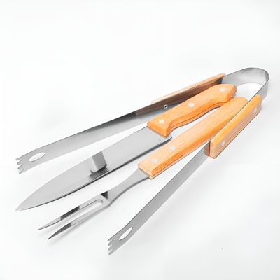 Kit Churrasco Premium 3 Peças em Aço Inox e Madeira