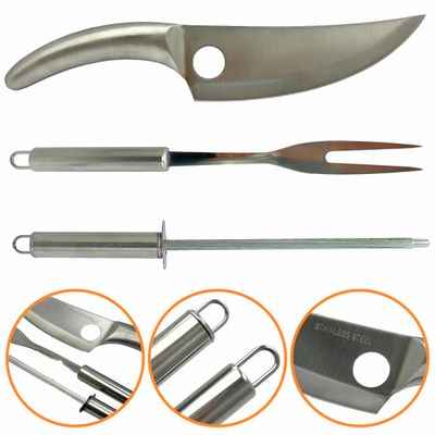 Kit Churrasco 3 Peças Faca Garfo Chaira Aço Inox