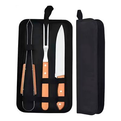 Kit Churrasco Premium 3 Peças em Aço Inox e Madeira