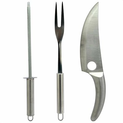 Kit Churrasco 3 Peças Faca Garfo Chaira Aço Inox
